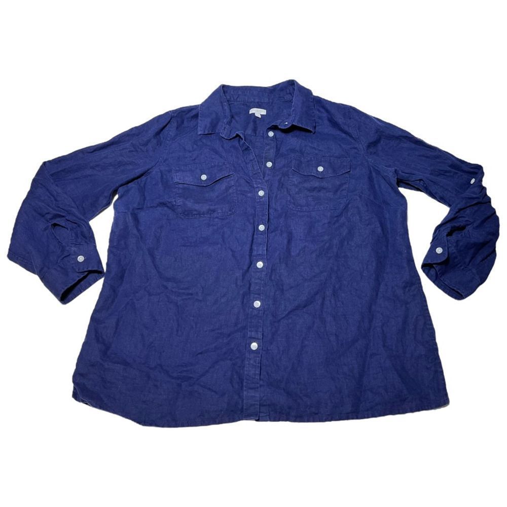 Talbots Womens Linen Shirt Button Up Blue Long Sleeve Roll Tab Pocket Plus 1X